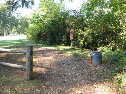 Townsite trailhead – garbage can – signage prohibits bikes – grass is growing through light bark chip surface